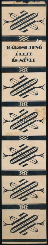 Rákosi Jenő élete és művei. Art deco könyvgerinc terv, 1930 körül. A könyv 1930-ban jelent meg a Fővárosi Könyvkiadónál, ezzel az ornamentikával. Tus, papír. Foltos, kissé sérült. 29x5,5 cm.