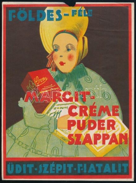 cca 1920 'Földes-féle Margit-créme puder szappan üdit, szépít, fiatalít', villamosplakát, sérült, 23x17cm