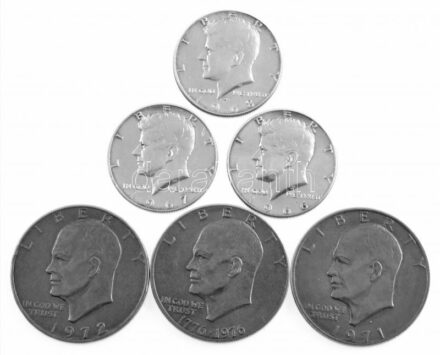 Amerikai Egyesült Államok 1966-1968D 1/2$ Ag (3xklf) 'Kennedy' + 1971D-1976. 1$ Cu-Ni (3xklf) 'Eisenhower' és 'A függetlenség 200. évfordulója' T:2,2- patina, kis ph, kis karc USA 1966-1968D 1/2 Dollar Ag (3xdiff) 'Kennedy' + 1971D-1976. 1