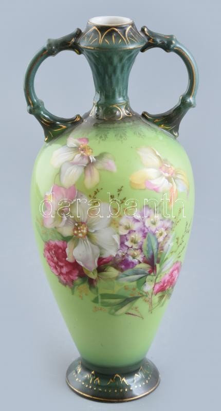 Szecessziós stílusú porcelán váza, részben kézzel festett, jelzés nélkül, kopott, m: 23 cm