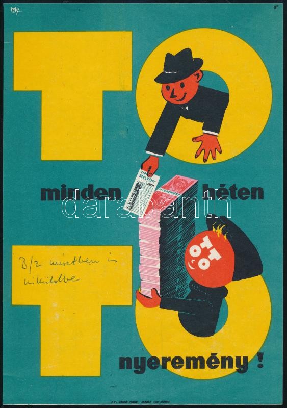 1963 Macskássy János (1910-1993): 'Minden héten nyeremény!', TOTO villamosplakát, 23,5x16,5 cm