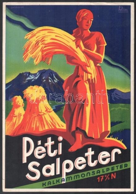 cca 1930 Gönczi-Gebhardt Tibor (1902-1994): Péti Salpeter (Pétisó). A Péti Nitrogénművek kétoldalas, német nyelvű, illusztrált reklámkiadványa, kisplakát. Bp., Klösz-ny. Apró szakadással, 30x21 cm