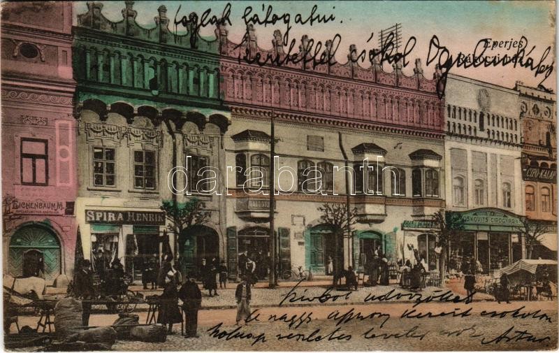 Eperjes, Presov; Rákóczi ház, piac, Spira Henrik, Eichenbaum M., Goldwender és Moskovits-cipőgyár üzlete. Molnár Jenő kiadása / mansion, shops, market (Rb)