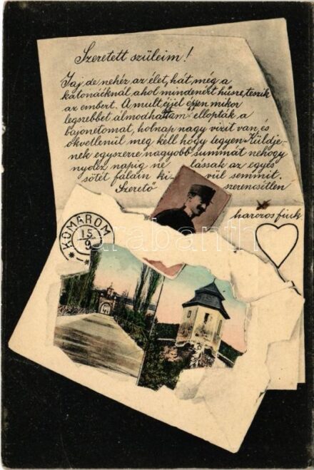 1909 Komárom, Komárno; Várkapu. Spitzer Sándor kiadása. Montázs osztrák-magyar katonával és levéllel / castle gate. Montage with K.u.K. soldier and letter (EB)