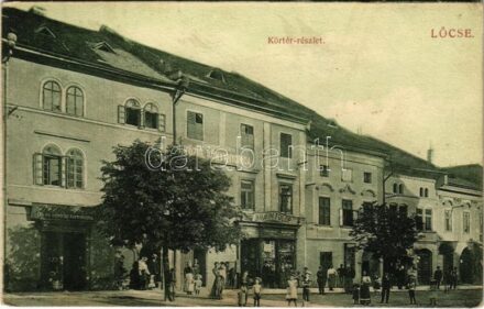 1909 Lőcse, Levoca; Körtér részlet, Szepes vármegyei közig. könyvnyomda, Braun Fülöp üzlete és saját kiadása / street view, publishing house, publisher's shop (Rb)