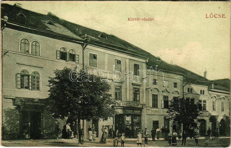 1909 Lőcse, Levoca; Körtér részlet, Szepes vármegyei közig. könyvnyomda, Braun Fülöp üzlete és saját kiadása / street view, publishing house, publisher's shop (Rb)