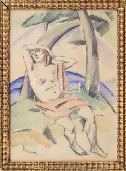Belányi Viktor (1877-1955): Női akt. Akvarell, szén, papír. Jelzett. Dekoratív, üvegezett, sérült fakeretben. 43x30 cm.