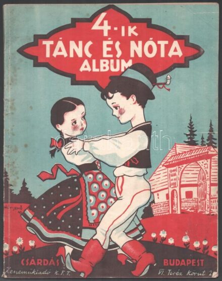 4-ik tánc és nóta album. Bp., 1941, Csárdás Zeneműkiadó Kft., 64 p. A borítón Pályi Jenő grafikájával. Kissé sérült kiadói papírkötés, kissé foltos borítóval.