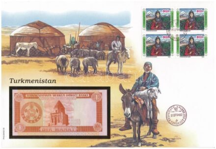 Türkmenisztán 1993. 1M felbélyegzett borítékban, bélyegzéssel T:1 Turkmenistan 1993. 1 Manat in envelope with stamp and cancellation C:UNC