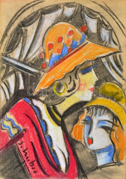 Scheiber H jelzéssel: Két hölgy. Vegyes technika, papír. 43x30,5 cm