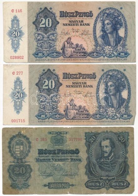 1930. 20P 'C 285 017798' + 1941. 20P (2x) T:III,III- az egyiken szakadás, anyaghiány, folt Adamo P11-12
