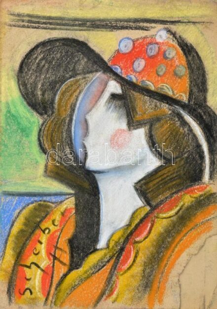 Scheiber H jelzéssel: Kalapos hölgy. Vegyes technika, papír. Sérült. 42x30 cm
