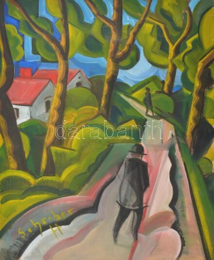 Scheiber H jelzéssel: Sétáló. Vegyes technika, karton. 60x50 cm