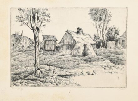 Gácsi Mihály (1926-1987): Faluvége. Rézkarc, papír, jelzett, kissé foltos, 19,5×29 cm