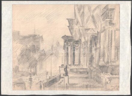 Komjáti-Wanyerka Gyula (1894-1958): London, 1937. Ceruza, papír, jelzett, papírra kasírozva, 24,5×30,5 cm