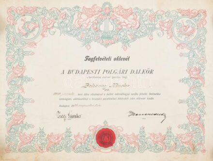 1926 Bp., a Budapesti Polgári Dalkör díszes tagfelvételi oklevele Beleznay Nándor részére, aláírásokkal, szélein szakadozott, foltos, feltekerve, 48,5x37 cm