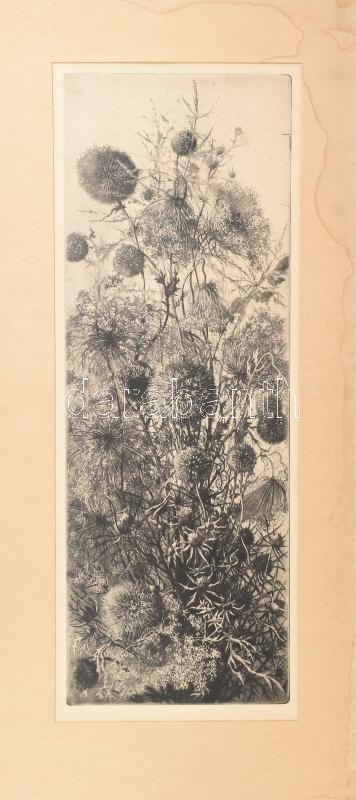 Hertay Mária (1932-2018): Útmentén. Rézkarc, papír, jelzett. Kissé foltos paszpartuban, 55×19,5 cm