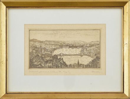 Hermann Zoltán (1954-): Budapesti panoráma. Rézkarc, papír jelzett. Számozott (6/50). Üvegezett fakeretben, 9×16,5 cm