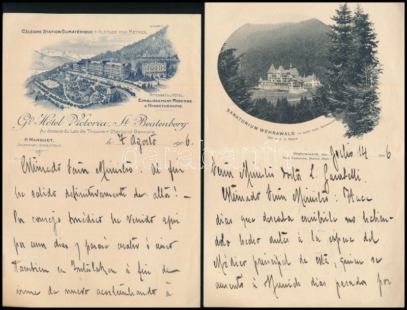 1906 2 db svájci és német hotel képes fejléces levél: Grand Hotel Victoria St. Beatenberg, Sanatorium Wehrwald im Schwarzwald