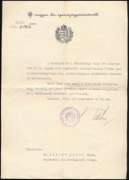 1941 Radocsay László igazságügy-miniszter aláírása kinevezési okmányon