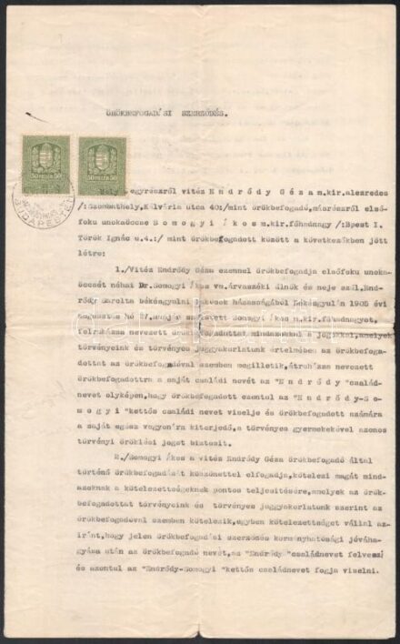1933 Örökbefogadási és nemesi előnév és címer átruházási szerződés 'vitéz endrődi-Somogyi Géza' m. kir. alezredes és unokaöccse között
