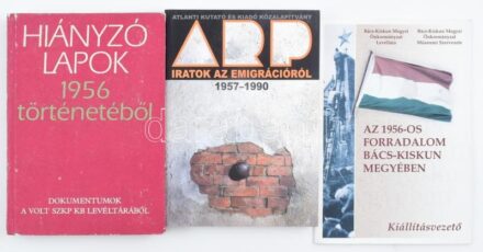3 db 1956-os forradalom témájú könyv és katalógus: Hiányzó lapok 1956 történetéből. Szerk.: Vjacseszlav Szereda, Alekszandr Sztikalin. Dokumentumok a volt SZKP KB levéltárából. Bp., 1993, Móra. Kiadói kartonált papírkötés,
