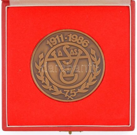 1986. 'Vasas 75 - 1911-1986' egyoldalas bronz emlékérem eredeti tokban (70mm) T:1