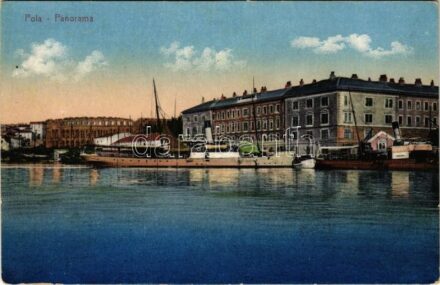1917 Pola, Pula; Panorama / kikötő, gőzhajók, amfiteátrum / port, steamships, amphitheatre + 'K.U.K. KRIEGSMARINE SMS VIRIBUS UNITIS' (EK)