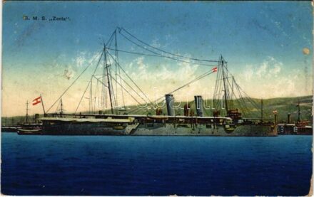 1914 SMS Zenta az Osztrák-Magyar Haditengerészet Zenta-osztályú védett cirkálója / K.u.K. Kriegsmarine / WWI Austro-Hungarian Navy, SMS Zenta armored cruiser. G. Costalunga, Pola 1914/15. + 'K.u.K. Arbeiterabteilungskommando SMS CUSTOZA'