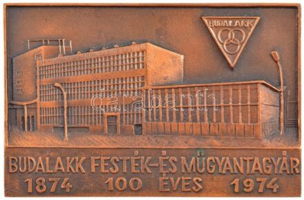 1974. '100 éves a Budalakk Festék- és Műgyantagyár' egyoldalas, öntött bronz emlékplakett (146x96mm) T:1-