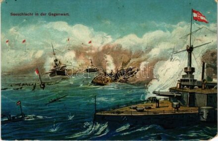 1917 Seeschlacht in der Gegenwart / WWI Austro-Hungarian Navy, K.u.K. Kriegsmarine art postcard, battleships. Druck und Verlag M. Schulz + 'K.u.K. Festungsartilleriebataillon Nr. 3. Ersatzkompagnie' (EM)
