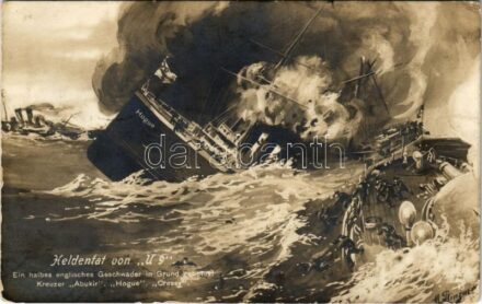 1915 Heldentat von U9 - Ein halbes englisches Geschwader in Grund beohrt! Kreuzer 'Abukir', 'Hogue', 'Cressy' / WWI German Navy art postcard, submarine sinks 3 cruisers. artist signed + 'K.U.K. KRIEGSMARINE SMS KAISER FRANZ JOSEF I' (EK)