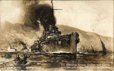 1915 Die deutschen Kreuzer Goeben und Breslau verlassen gefechtsklar den Hafen von Messina / WWI German Navy Cruisers Goeben and Breslau leave the port of Messina + 'K.U.K. MARINEFELDPOSTAMT POLA' 'SM SCHIFF BELLONA' (fl)