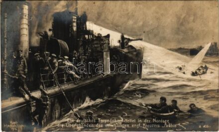 1916 Ein deutsches Torpedoboot in der Nordsee die Überlebenden des vernichteten engl. Kreuzers 'Arabis' / WWI German Navy art postcard s: Kurt Hassenkamp + 'K.U.K. MARINEFELDPOSTAMT POLA' 'ZENSURIERT SM SCHIFF BELLONA' (fl)