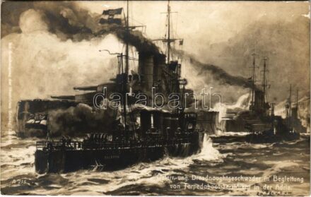 1915 Österr.-ung. Dreadnoughtgeschwader in Begleitung von Torpedobootszerstörern in der Adria. K.u.K. Kriegsmarine / SMS Balaton az Osztrák-Magyar Haditengerészet Tátra-osztályú rombolója / WWI Austro-Hungarian Navy art postcard,