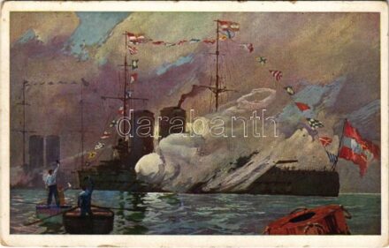 1915 Große Flaggengala (Kaisersalut). Offizielle postkarte des Österreichischen Flottenvereines zu Gunsten des Kriegsfürsorgeamtes, des Kriegshilfsbüro und des Roten Kreuzes / WWI Austro-Hungarian Navy, K.u.K. Kriegsmarine, battleships dressed