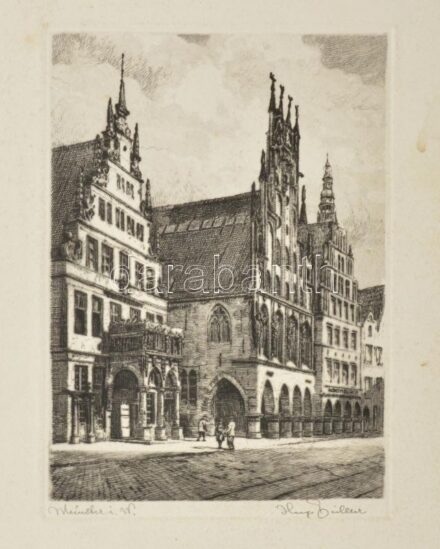 Olvashatatlan jelzéssel: Münster in Westfalen, Városháza, Városi borház. / Alte Giebelhäuser, Rathaus, Stadtweinhaus. (Németország). Rézkarc, papír. Foltokkal. 20x14 cm
