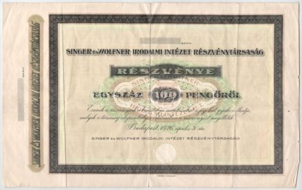 Budapest 1926. 'Singer és Wolfner Irodalmi Intézet Részvénytársaság' részvénye 100P-ről, sorszám nélkül, kitöltetlen, szárazpecséttel T:III- hajtás mentén szakadás, ly.