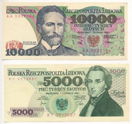 Lengyelország 1982. 5000Zl 'BY 3913887' + 1988. 10.000Zl 'AA 5339196' T:III Poland 1982. 5000 Zloty 'BY 3913887' + 1988. 10.000 Zloty 'AA 5339196' C:F Krause P#150a,151b