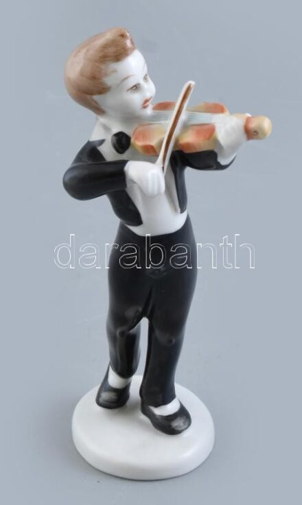 Hollóházi porcelán hegedűs fiú, kézzel festett, hibátlan, jelzett, m: 14 cm