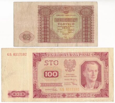 Lengyelország 1946. 10Zl + 1948. 100Zl 'GS 8517102' T:III- az egyik ragasztva Poland 1946. 10 Zloty + 1948. 100 Zloty 'GS 8517102' C:VG one of them is taped Krause P#126,139