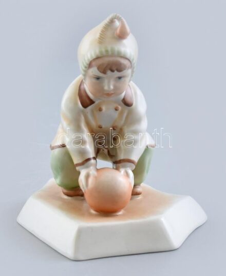 Zsolnay porcelán 'Labdás Öcsi', kézzel festett, jelzett,(tervező:Sinkó András), kopásnyomokkal, m: 13 cm
