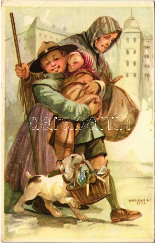 A cserkész ahol tud segít. Cserkész levelezőlapok kiadóhivatal / Hungarian scout boy art postcard s: Márton L. (EK)
