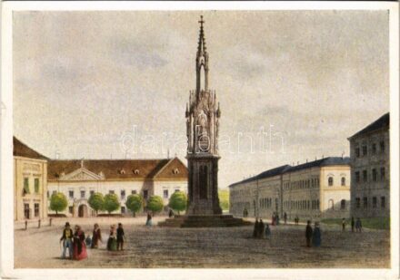 Budapest I. Szent György tér a várban. Rudolf Alt rajza után készült színezett kőnyomat Sandmanntól (EK)