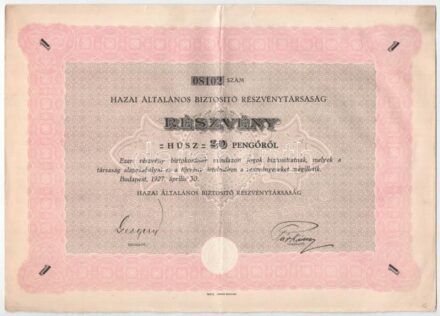 Budapest 1927. 'Hazai Általános Biztosító Részvénytársaság' 20P-ről, szárazpecséttel T:III kis szakadás, folt, firka