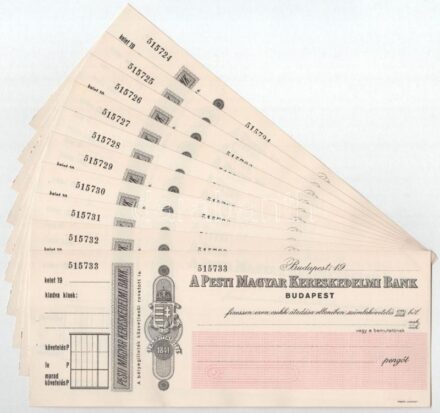 ~1930-1940. 'A Pesti Magyar Kereskedelmi Bank' kitöltetlen csekkje (10x) sorszámkövetők T:I- tűzőgép lyukak