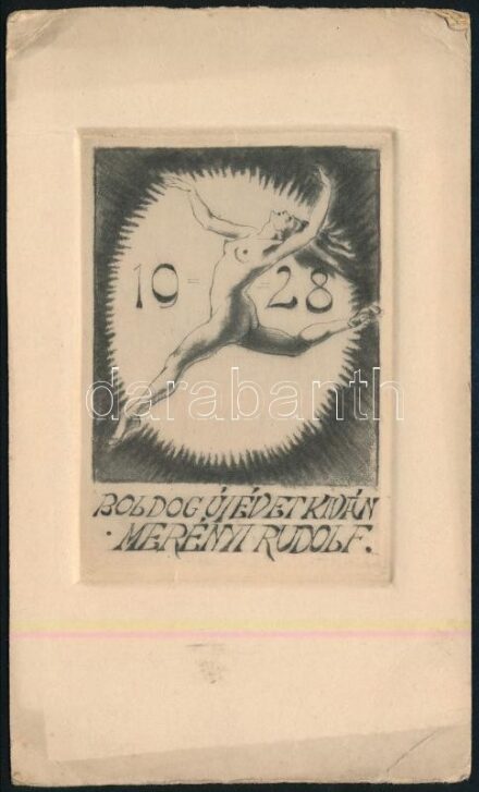 Merényi Rudolf (1893-1957): Boldog Új Évet kíván Merényi Rudolf (erotiksu kisgrafika), 1928. Rézkarc, karton, jelzés nélkül, 9,5x6,5 cm, sarkaiban kissé sérült.