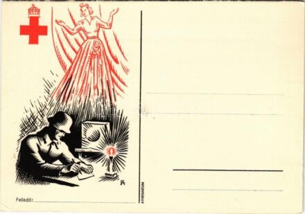 Vöröskeresztes propaganda lap katonával. Athenaeum / Hungarian military art postcard, Red Cross nurse with soldier (EK)