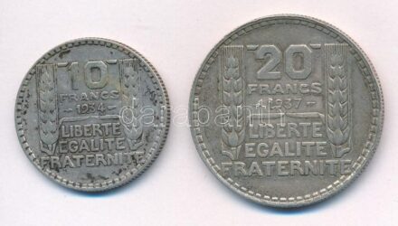 Franciaország 1934. 10Fr Ag + 1937. 20Fr Ag T:2,2- patina, kis ph France 1934. 10 Francs Ag + 1937. 20 Francs Ag C:XF,VF patina, small edge error Krause KM#878-879