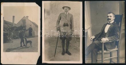 cca 1920-1940 5 db régi fotólap (vadász, színtársulat, stb.), közte sérült is, 14x9 cm